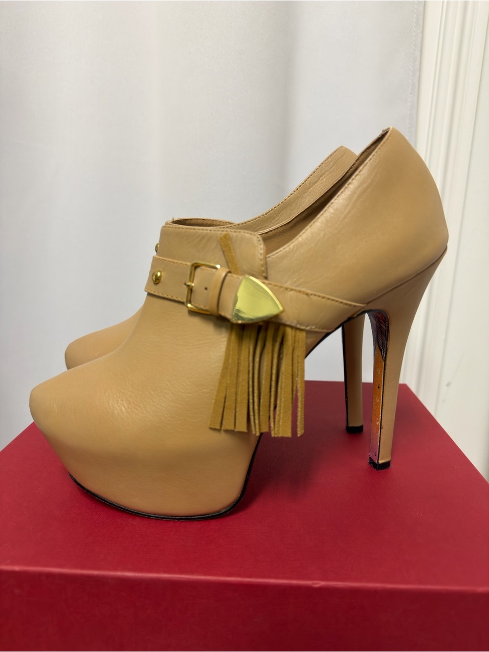Fringe Accent Tan Platform Heeled Booties with Painted Bottoms